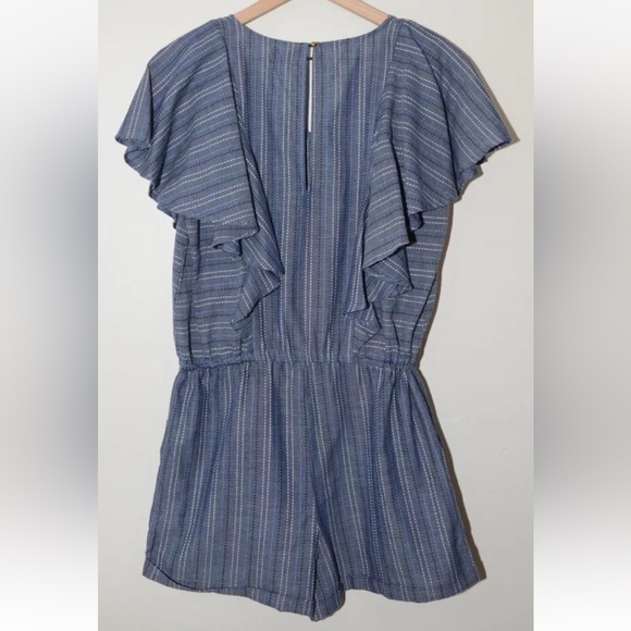 Mud Pie Romper Womens XS Isla (3”) Shorts Blue Chambray Stitched Stripe Ruffles - Picture 3 of 11